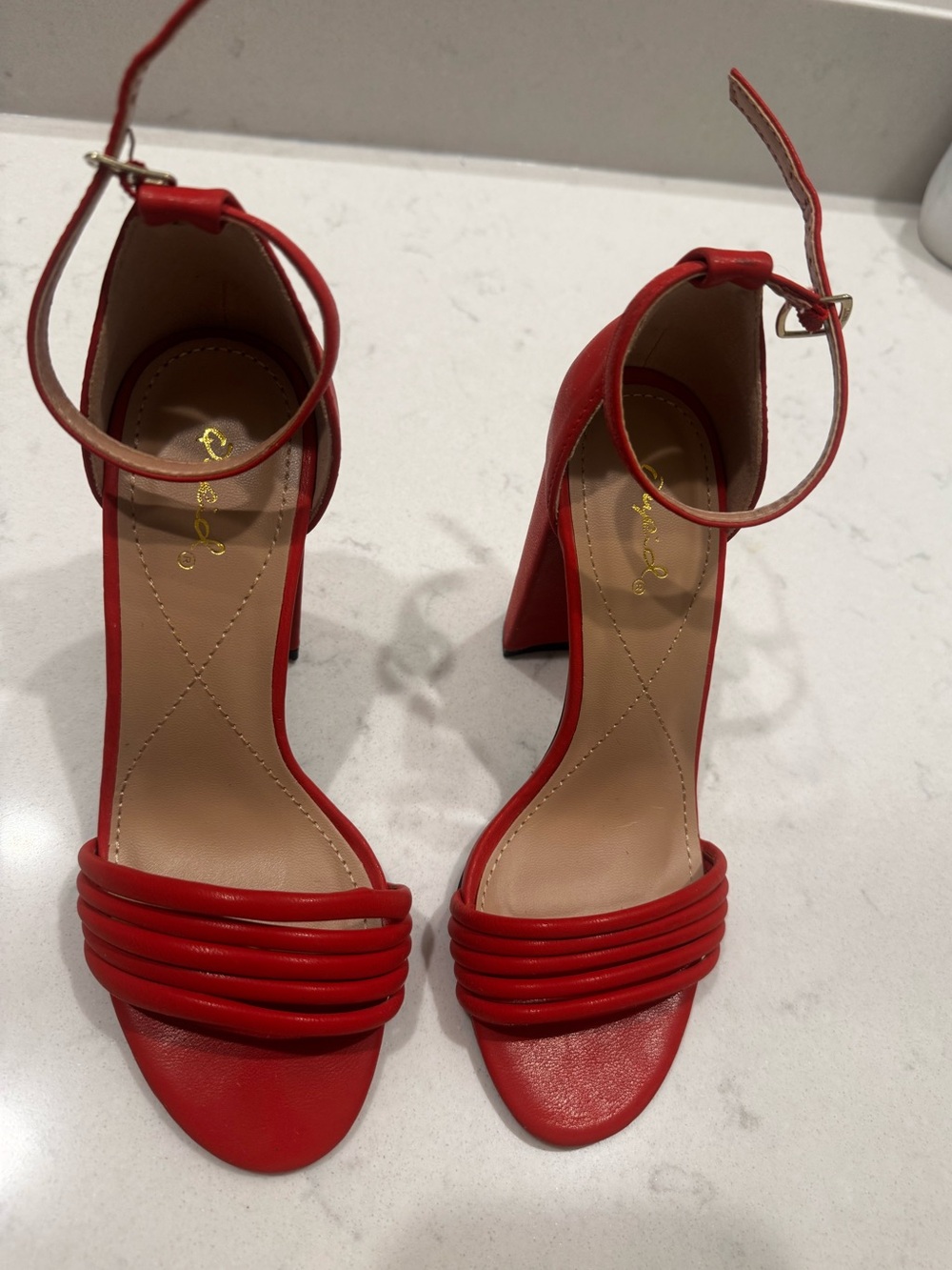 Qupid Red Ankle-Strap Block Heel Sandals